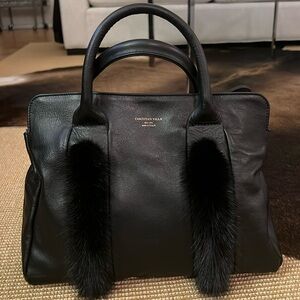Christian Villa Black Leather Double Handel Satchel with Genuine Mink Trim